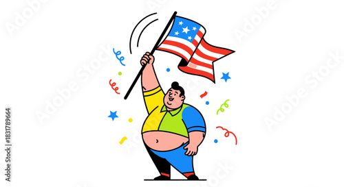 Enthusiastic Man Waving American Flag in Celebration.