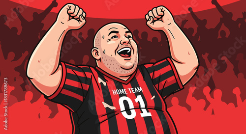 Excited fan celebrates victory with raised arms and joyful expression.