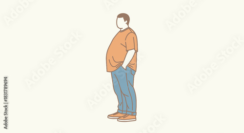 Full body illustration of a man standing with hands in pockets.
