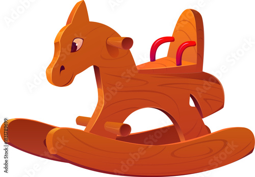 Christmas rocking horse toy or wooden pony for New Year gift, cartoon vector. Kids wooden rocking horse or fun ride toy for children presents from Santa on New Year or Christmas winter holiday