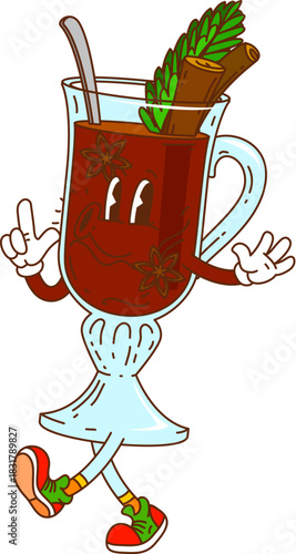 Groovy retro Christmas mulled wine character with happy smiling face, cinnamon sticks and pine decoration. Cute vector holiday cocktail mascot with red spiced drink in glass mug
