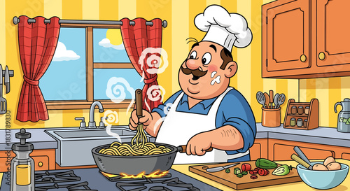 Chef Cooking Spaghetti in Kitchen with Flair and Enthusiasm.