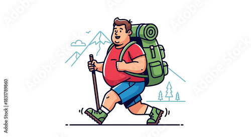 Cartoon Hiker with Backpack and Walking Stick on Trail.