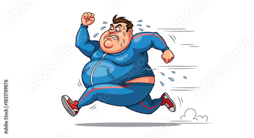 Cartoon illustration of a determined overweight man running in a blue tracksuit.