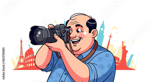 Cartoon illustration of a happy bald man taking a photograph.