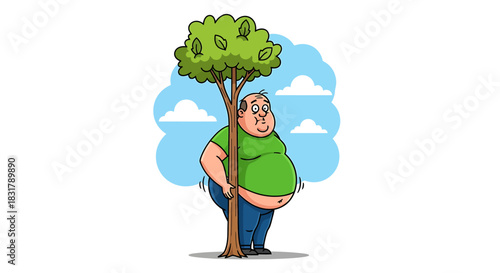 Cartoon illustration of a large overweight man hiding behind a small tree.