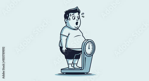 Cartoon illustration of a shocked overweight man on a scale.