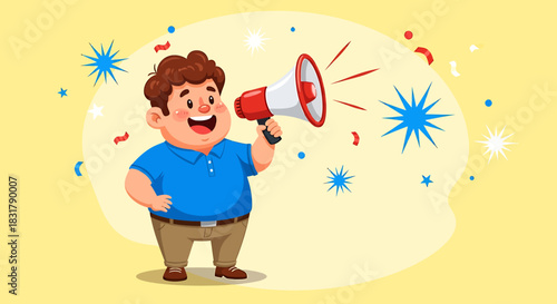 A cheerful cartoon man holding a megaphone and shouting.