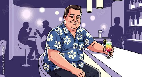 A cheerful man in a blue Hawaiian shirt enjoying a colorful cocktail.