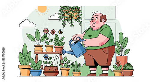 A cheerful man watering plants in a home garden setting.