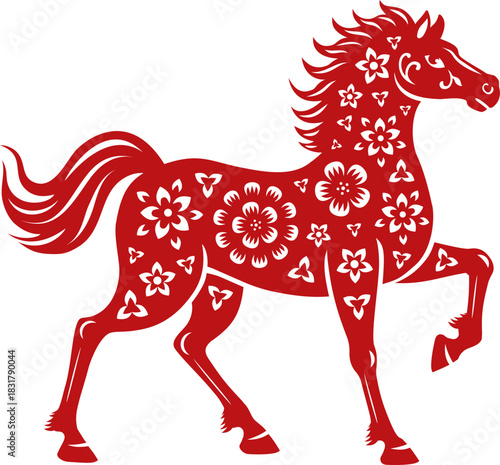 Chinese New Year and lunar horoscope red horse animal, vector symbol of 2026. Horse with raised hoof in paper cut flowers pattern ornament for Chinese New Year and Asian lunar CNY holiday greeting