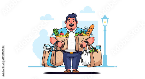 A cheerful overweight man holding multiple grocery bags full of food.