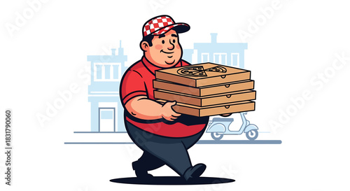 A cheerful overweight pizza delivery man carrying a stack of pizza boxes.