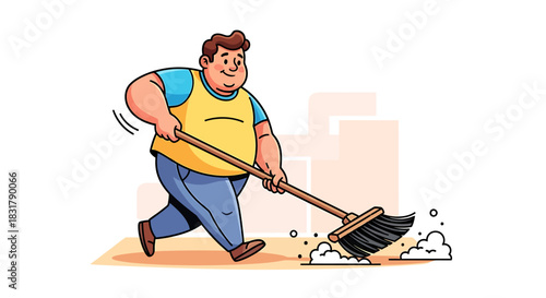 A cheerful overweight man is sweeping the floor with a broom.