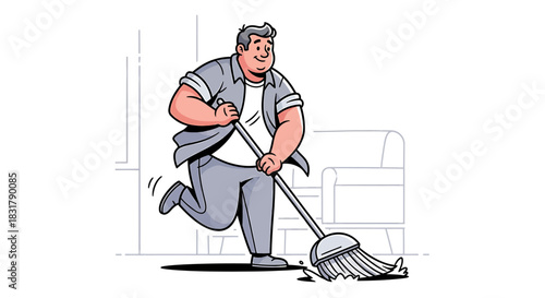 A dynamic cartoon illustration of a man energetically mopping the floor.