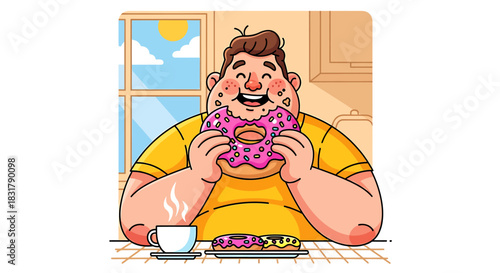 A happy overweight man eating a large pink donut with sprinkles.