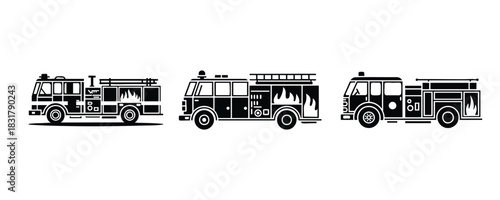 Set of Fire Truck Icons, Fire Engine Icons Collection, Vintage Fire Truck Silhouettes, Emergency Vehicle Iconography, silhouette, vector, illustration.