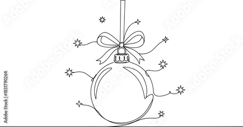 Simple Linear Christmas Card with Ribbon Bauble and Star Motif.