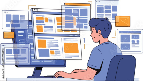 Man sitting at desk working on laptop surrounded by digital folders and notification bubbles.