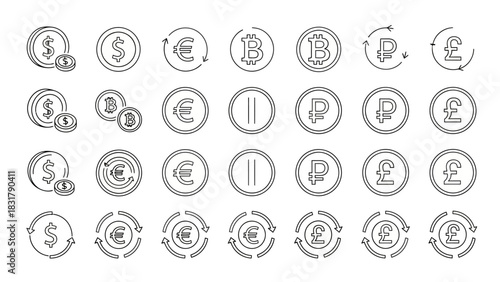 Currency Exchange Icons Dollar, Euro, Bitcoin, Ruble, and Pound Sterling Symbols in Line Art Style