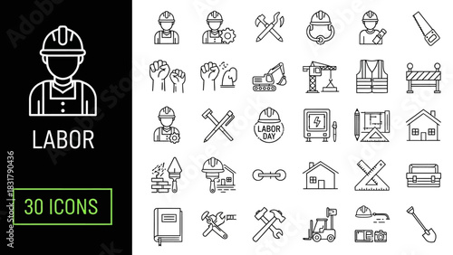 Diverse Collection of 30 Labor and Construction Icons for Graphic Design and Industry Projects