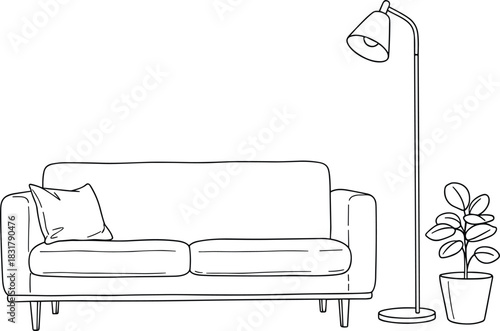 Simple Scandinavian Style Sofa and Lamp Line Drawing.