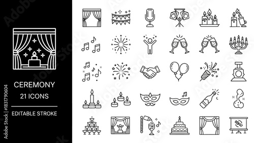 Collection of elegant line icons for various celebrations and events, featuring essential symbols for weddings, parties, and special occasions, all with editable strokes for versatile design projects