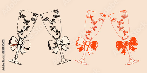 Elegant champagne glasses with butterfly details and bows for celebratory occasions