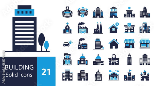 Collection of Flat Design Building Icons for Urban Landscapes
