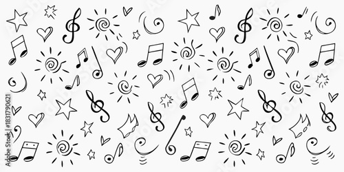 Hand drawn doodle pattern with music notes stars hearts and sun