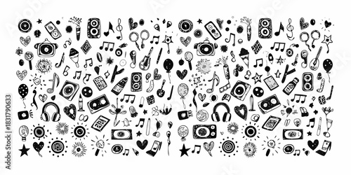 Hand drawn doodle pattern with music party and celebration elements