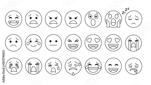 Comprehensive sheet of line art emoji icons, illustrating a wide spectrum of human emotions and facial expressions for digital communication and graphic design projects