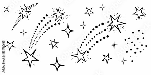 Hand drawn starry night sky with shooting stars and constellations