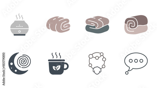 Collection of icons representing relaxation, wellness, and self-care practices for a calm and peaceful experience.