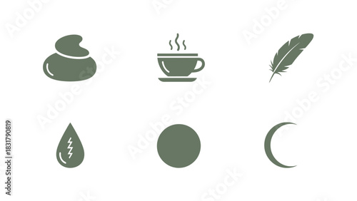 Six simple icons in a row: a poop, a cup, a feather, a drop, a circle, and a crescent.