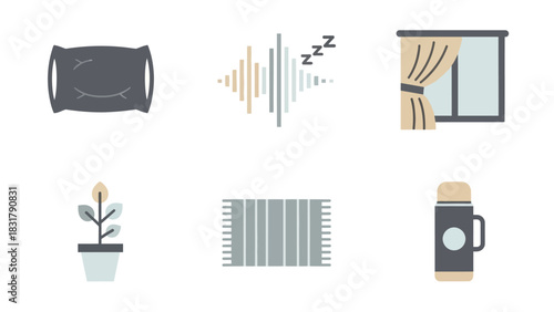 This image features a collection of cozy home items and elements related to comfort and relaxation, including a pillow, sound waves, a window with a curtain, a plant, a rug, and a thermos.