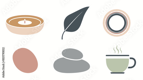 A set of six minimalist vector icons representing concepts of spa, wellness, and relaxation on a white background.