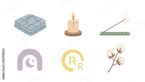 Collection of cozy items for relaxation including a blanket, lit candle, burning incense, and natural cotton bolls, with abstract symbols.