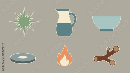 Flat design icons featuring a star, pitcher, bowl, disc, fire, and logs on a grey background.