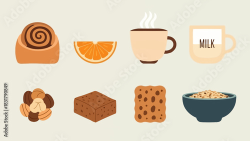 A collection of breakfast and snack items including a cinnamon roll, orange, coffee, milk, nuts, brownie, cookie, and cereal.