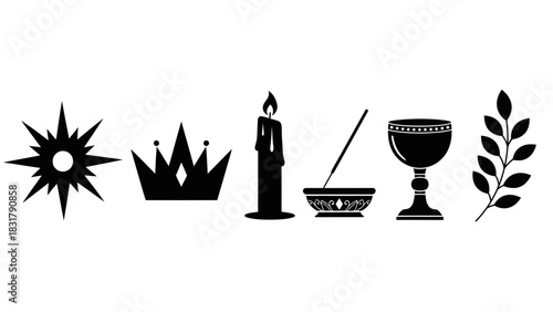 A set of six black silhouette icons representing spiritual and royal symbols on a white background.