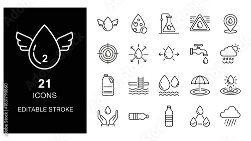 Water Icons Set 21 Editable Stroke Elements for Hydration and Environmental Concepts