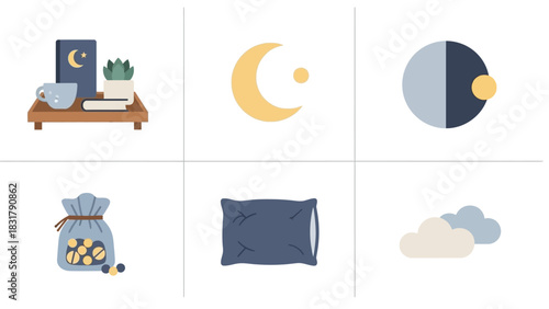 A collection of six minimalist icons representing sleep, night, and relaxation, including a moon, pillow, and clouds in soft colors.