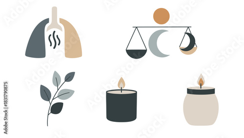 Minimalist illustrations of aromatherapy, balance scales with moon and sun, a botanical branch, and two lit candles.