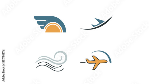A collection of four distinct graphic logos and icons representing flight, aviation, travel, and air movement on a white background.
