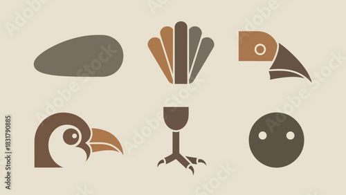 A collection of six minimalist, geometric icons representing various bird parts like an egg, feathers, beak, and talons.
