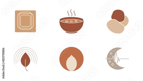 Six minimalist icons depicting natural elements, food, comfort, and well-being in earthy tones.