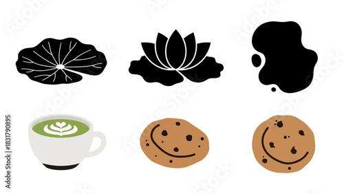 Collection of various illustrations featuring a lily pad, lotus flower, ink blot, matcha, and cookies.