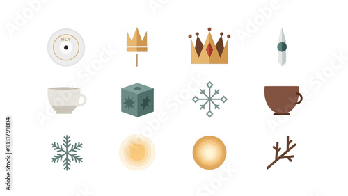 A collection of flat design icons including crowns, snowflakes, cups, and abstract shapes on a white background.