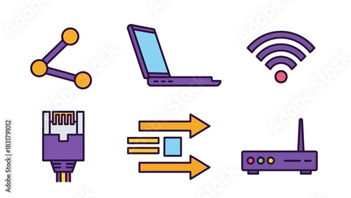 Network Technology Icons Laptop, Wi-Fi, Router, Ethernet, and Data Transfer